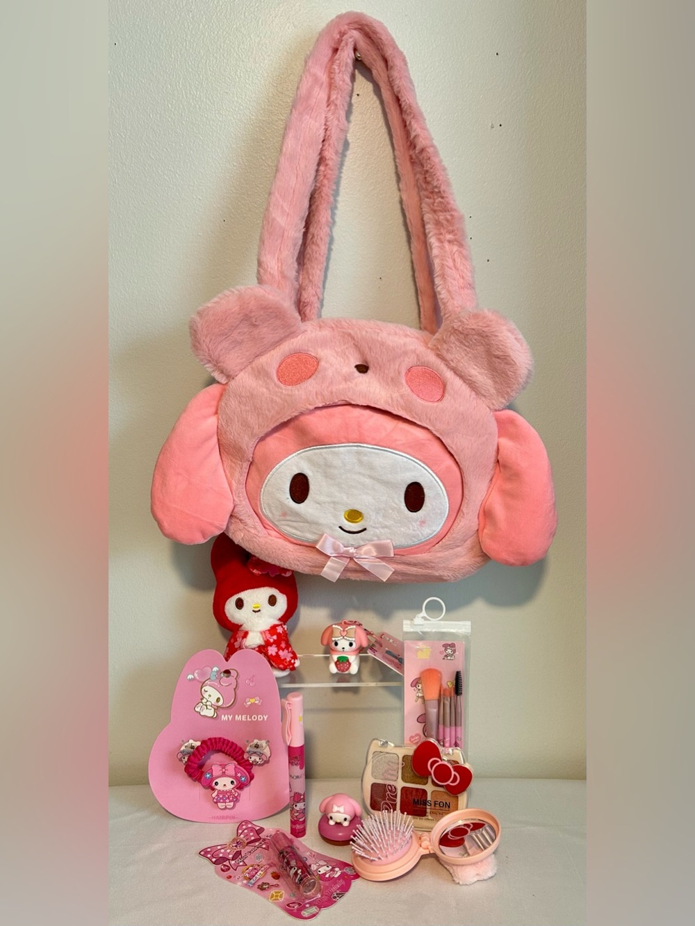 My Melody fuzzy bag, makeup and more.